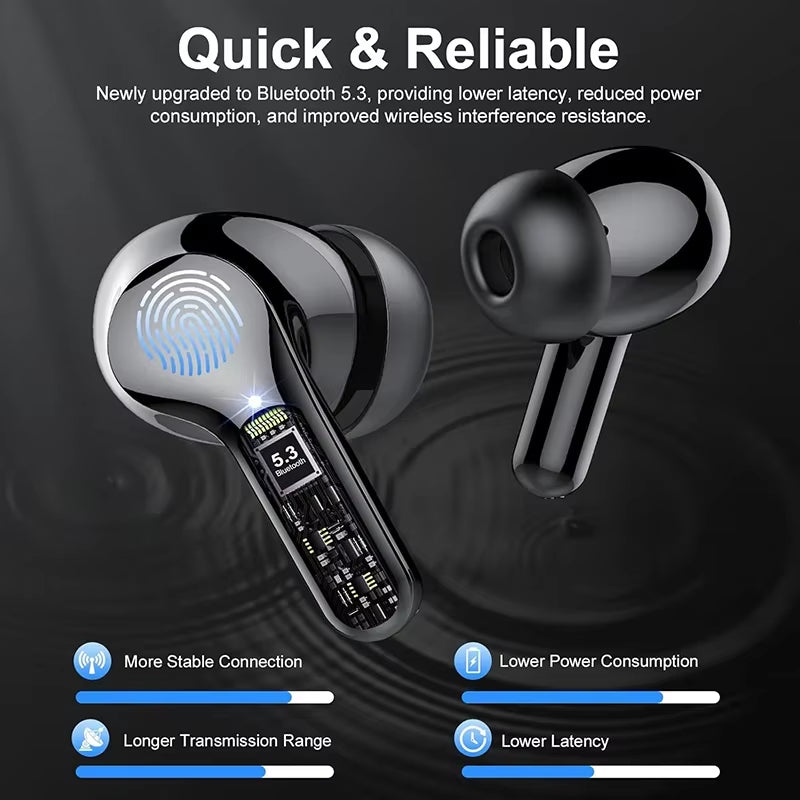 Ultra-Comfort Wireless Earbuds with HiFi Stereo Sound, BT5.3, ENC Noise Cancelling, 48H Playtime, LED Display, IP7 Waterproof