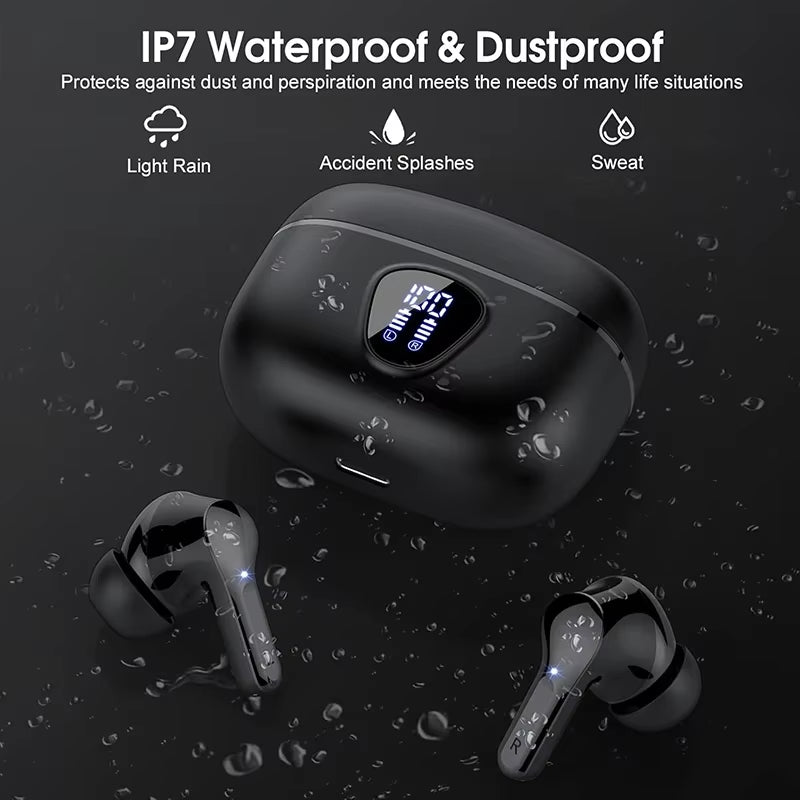 Ultra-Comfort Wireless Earbuds with HiFi Stereo Sound, BT5.3, ENC Noise Cancelling, 48H Playtime, LED Display, IP7 Waterproof