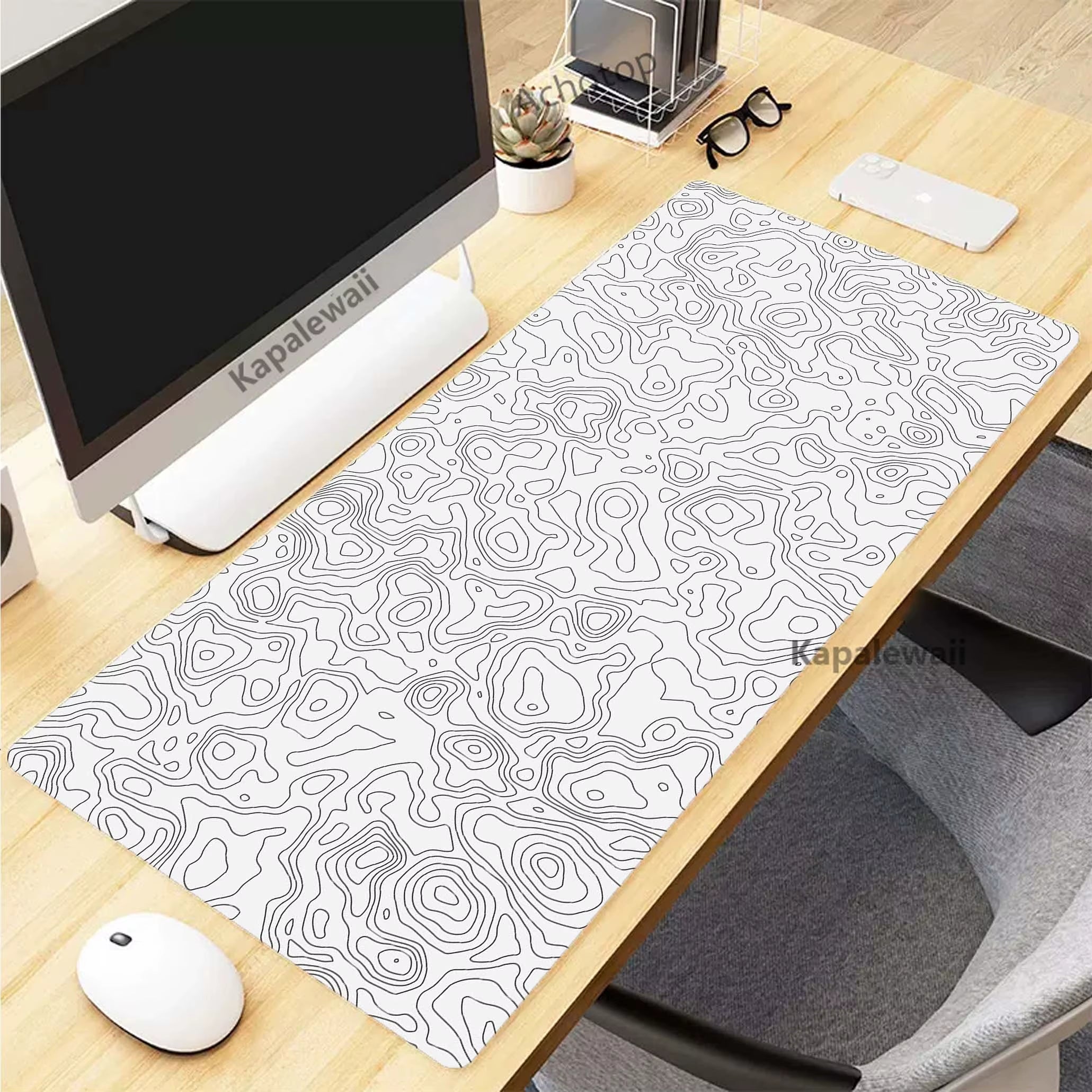 Stylish XXL Black and White Topographic Map Mouse Pad - Perfect for Gaming and Work Setup (900x400mm)