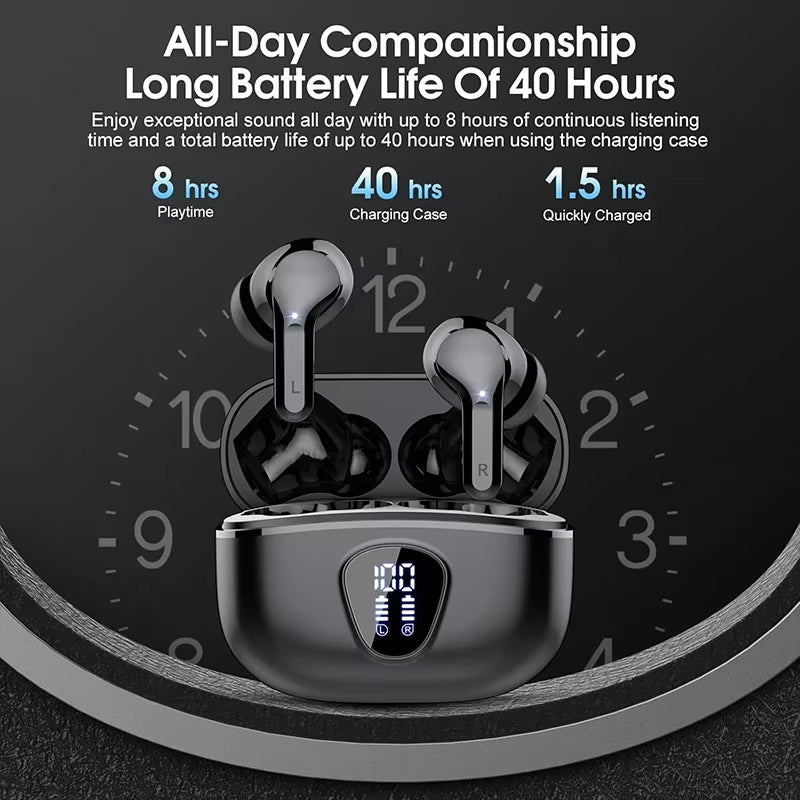 Ultra-Comfort Wireless Earbuds with HiFi Stereo Sound, BT5.3, ENC Noise Cancelling, 48H Playtime, LED Display, IP7 Waterproof