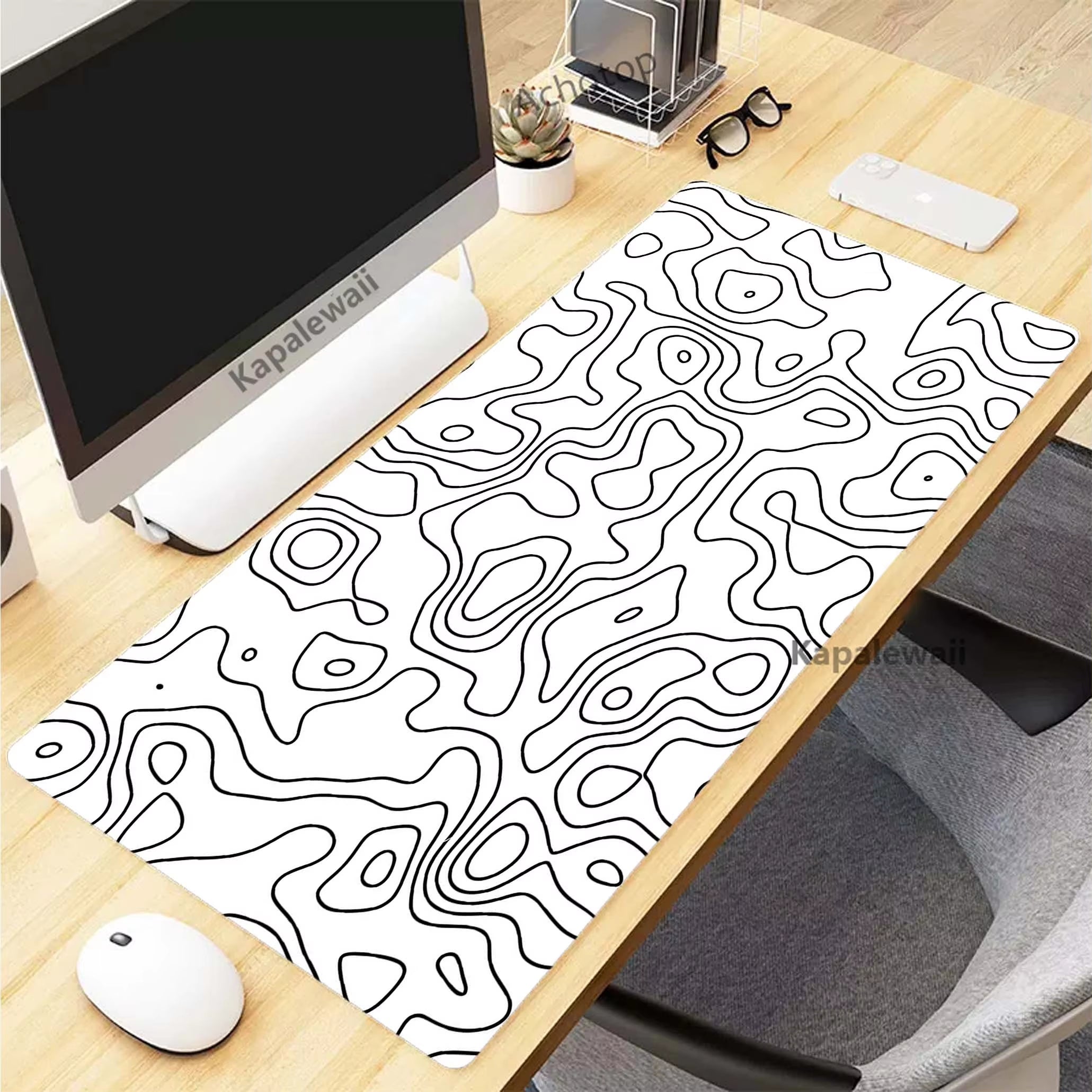 Stylish XXL Black and White Topographic Map Mouse Pad - Perfect for Gaming and Work Setup (900x400mm)