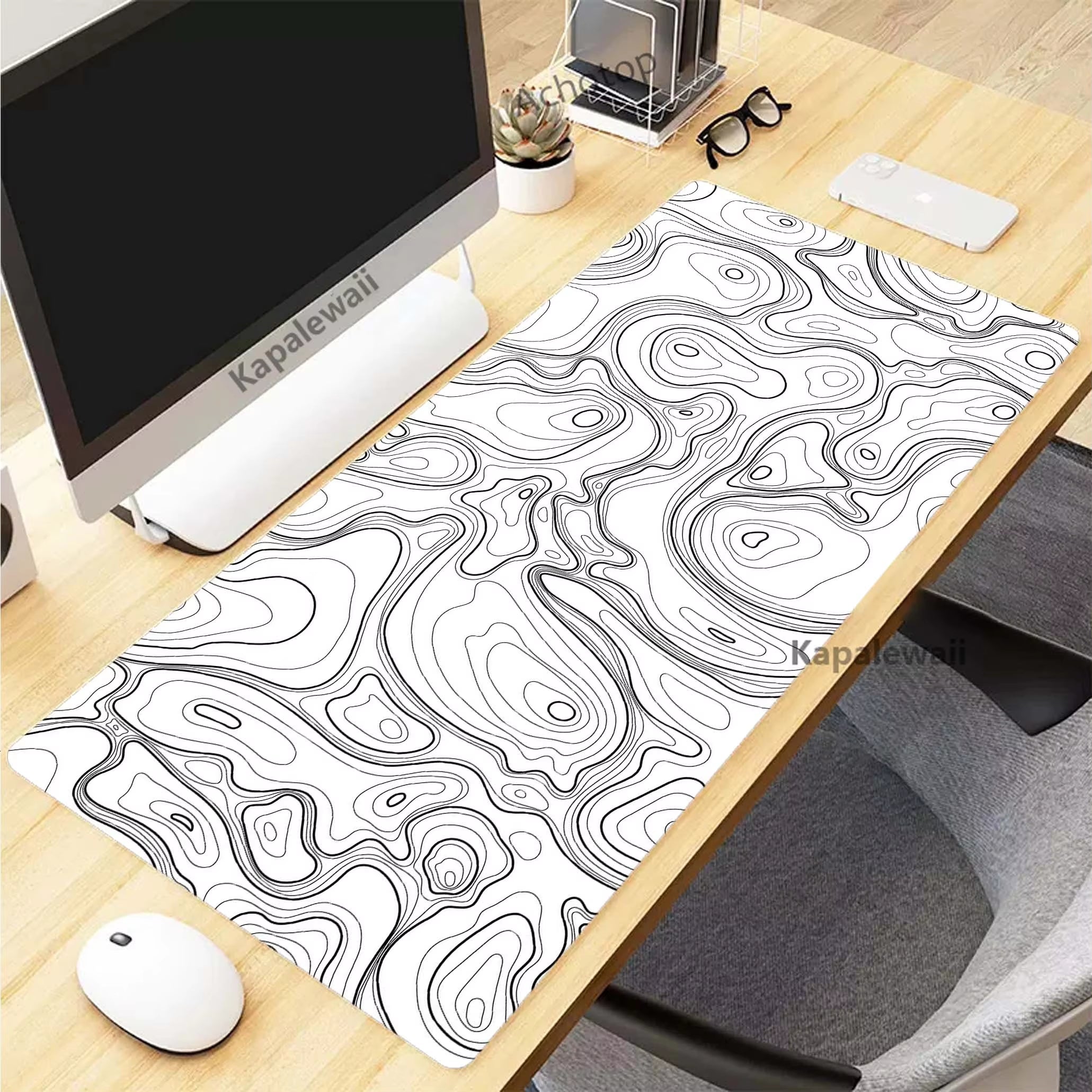 Stylish XXL Black and White Topographic Map Mouse Pad - Perfect for Gaming and Work Setup (900x400mm)