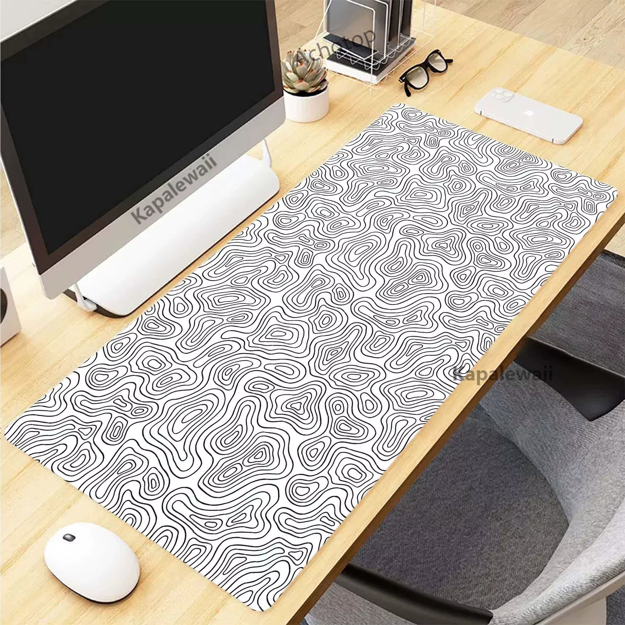 Stylish XXL Black and White Topographic Map Mouse Pad - Perfect for Gaming and Work Setup (900x400mm)
