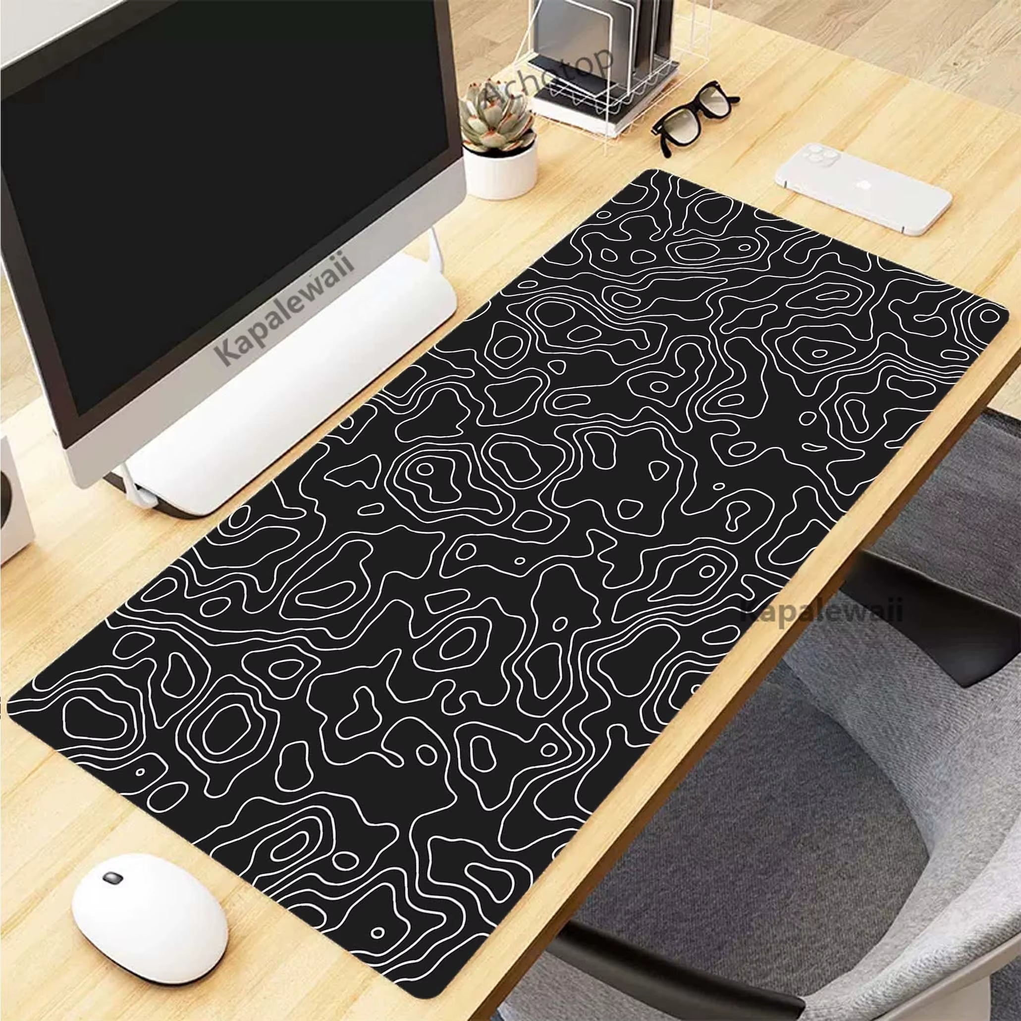 Stylish XXL Black and White Topographic Map Mouse Pad - Perfect for Gaming and Work Setup (900x400mm)