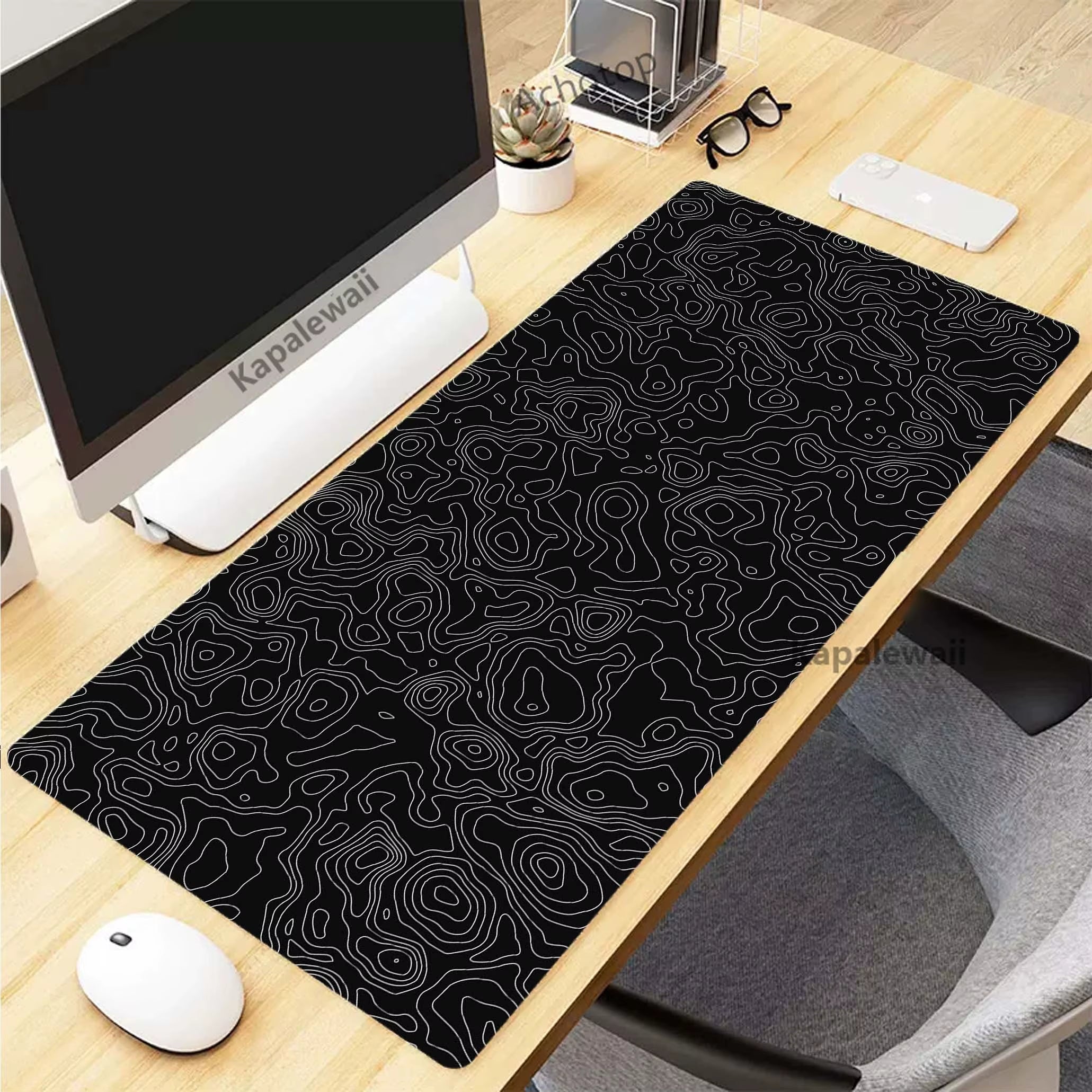Stylish XXL Black and White Topographic Map Mouse Pad - Perfect for Gaming and Work Setup (900x400mm)