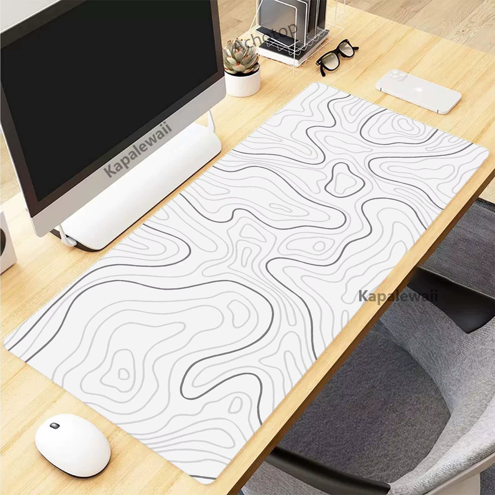 Stylish XXL Black and White Topographic Map Mouse Pad - Perfect for Gaming and Work Setup (900x400mm)