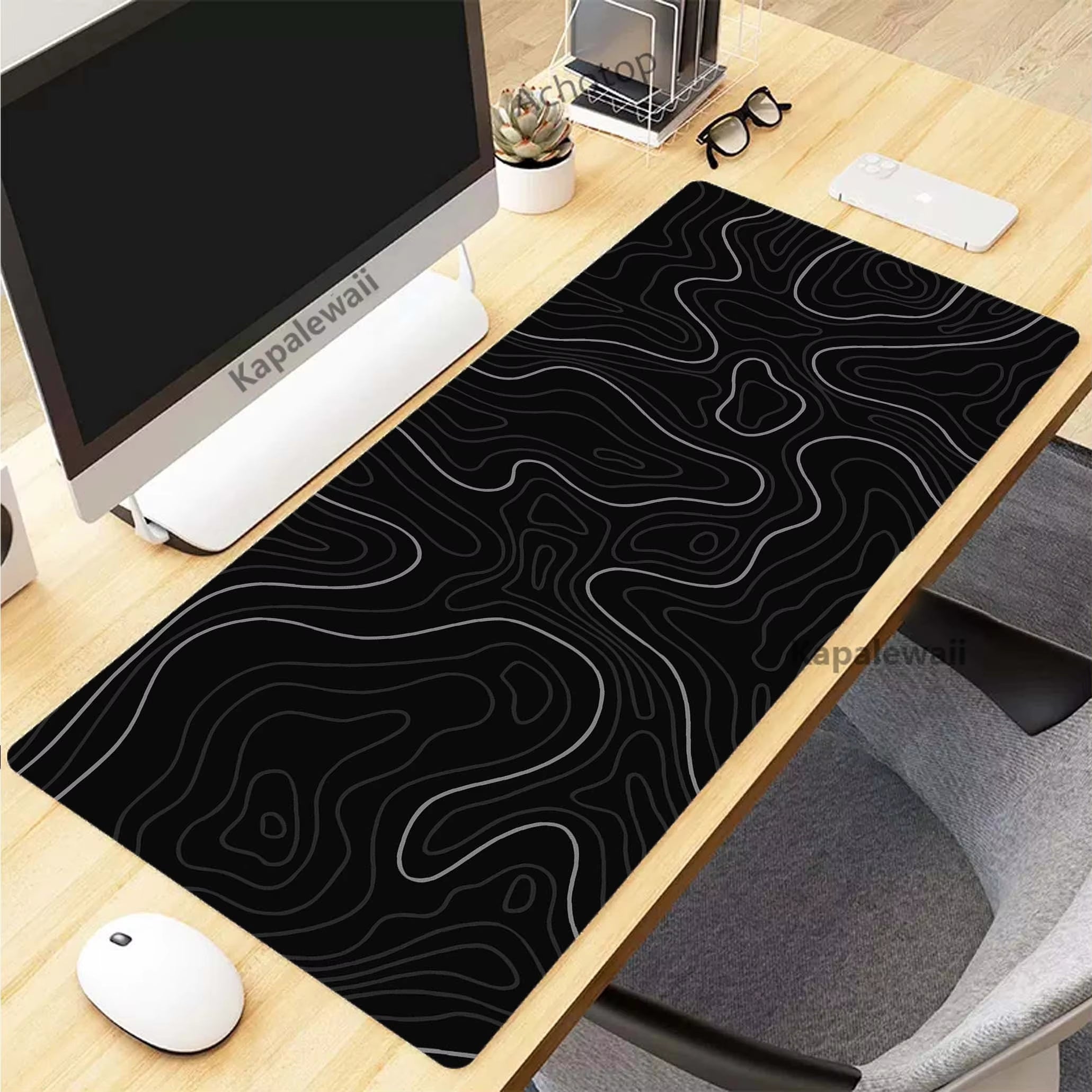 Stylish XXL Black and White Topographic Map Mouse Pad - Perfect for Gaming and Work Setup (900x400mm)