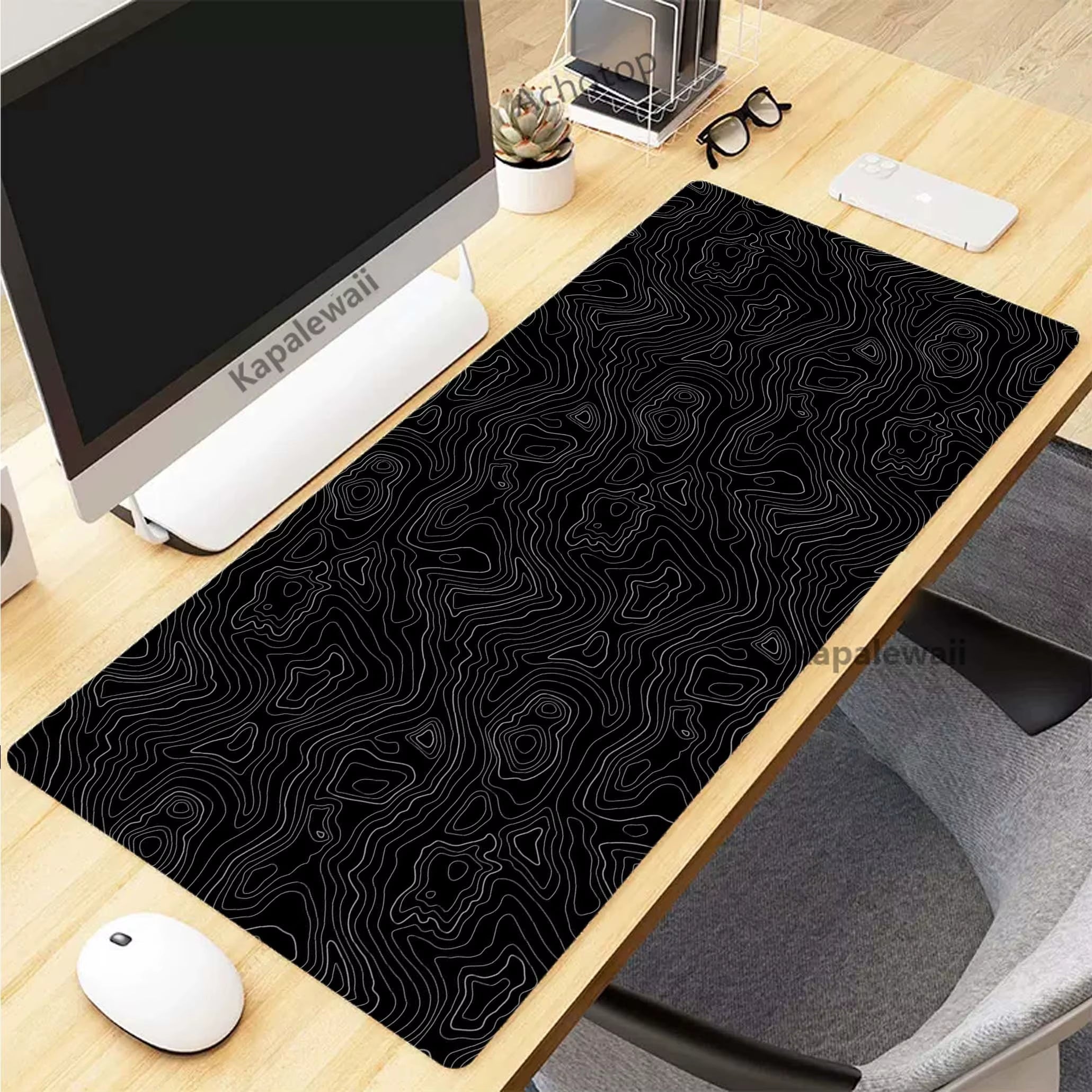 Stylish XXL Black and White Topographic Map Mouse Pad - Perfect for Gaming and Work Setup (900x400mm)
